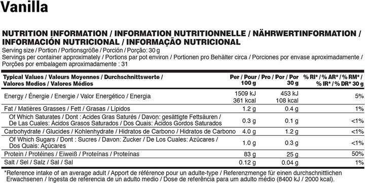 Nährwerte und Zutaten Optimum Nutrition Gold Standard Isolate (Vanille, 1 Stk., 930 g)