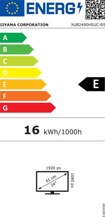 Energy Label iiyama TFT XUB2490HSUC 60,4cm Webcam 24"/1920x1080/DP/HDMI/VGA/HDCP/USB (1920 x 1080 pixels, 24")