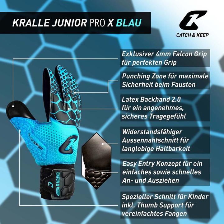 Produktbild Catch & Keep Fussballhandschuhe Kralle Junior Pro 3.0 Gr. 5 Blau Torwart Keeper Goalie Handschuhe (5)