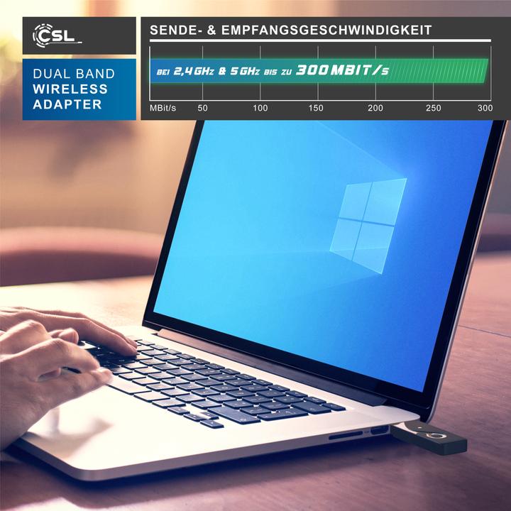 Immagine prodotto CSL Adattatore WLAN USB 600 MBit/s Dual Band Stick WiFi Adapter 300 Mbps 2.4GHz 300 Mbps 5GHz Windows 11 (USB 2.0)