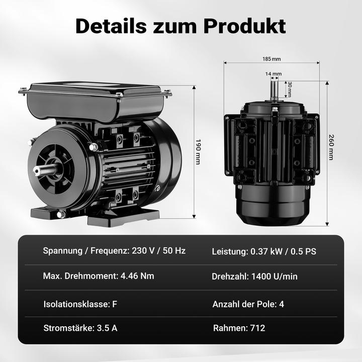 Produktbild Wiltec Elektromotor 1-phasig 4-polig Elektro Motor 0,37kW Einphasenmotor Motor