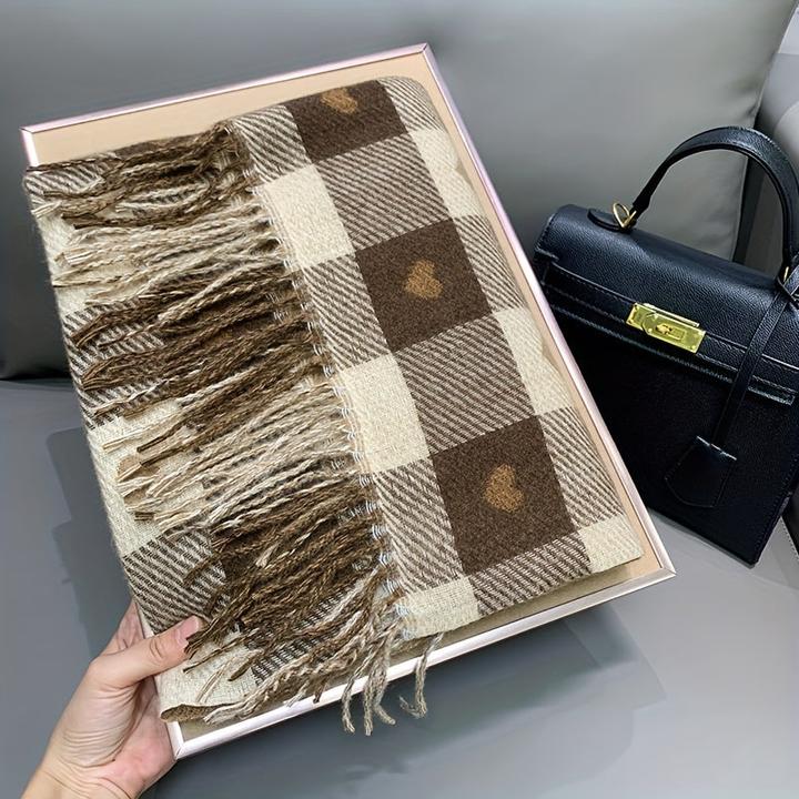 Produktbild Only-Bags.Store Double-Sided Heart Pattern Scarf, Winter Plaid Warm Neck Wrap, Cozy Shawl For Autumn & Winter