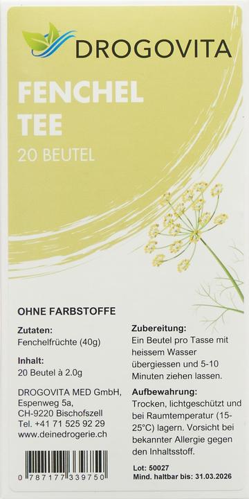 Nährwerte und Zutaten Drogovita Fenchel Tee Btl 20 Stk (69 g)