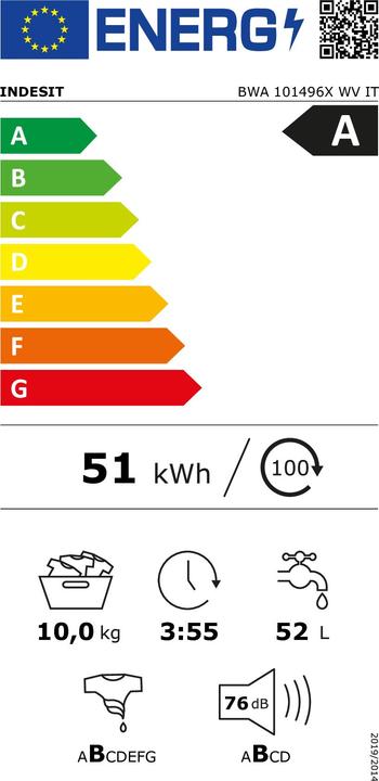 Energie-Label Indesit Freistehende Waschmaschine BWA 101496X WV IT - BWA 101496X WV IT (10 kg, Links)