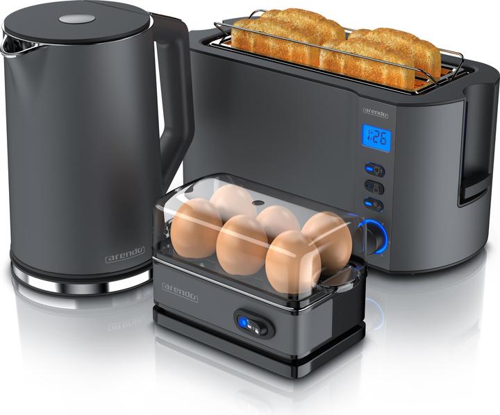 Produktbild Arendo Frühstücks Set, Wasserkocher 1,5l Temperaturwahl, 4-Scheiben Toaster & Eierkocher für 6 Eier, Grau