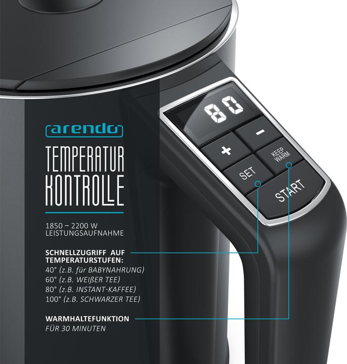 Produktbild Arendo Edelstahl Wasserkocher 1,5 l 2200 W, Doppelwand, Temperaturwahl 40 - 100°C mit Anzeige, Cool Grey (1.50 l)
