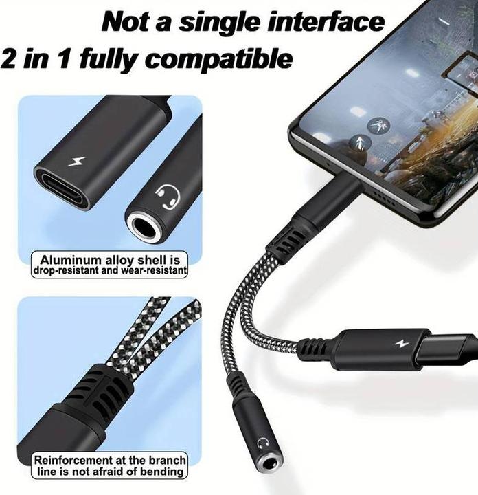 Image du produit PhoneLook Adaptateur audio 2 en 1 USB-C vers jack 3.5mm + USB-C 30W Fast Charge (Jack 3.5mm, USB Type C)