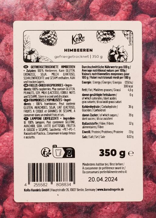 Nährwerte und Zutaten KoRo Gefriergetrocknete Himbeeren (350 g)