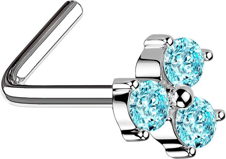 Star Piercing Nasenstecker gewinkelt silber dreiblatt Blume Kristall aqua (Messing, Chirurgenstahl 316L)