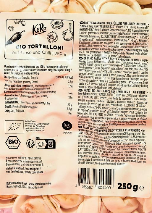 Nutritional values and ingredients KoRo Organic pasta with a lentil and chilli filling (3000 g)