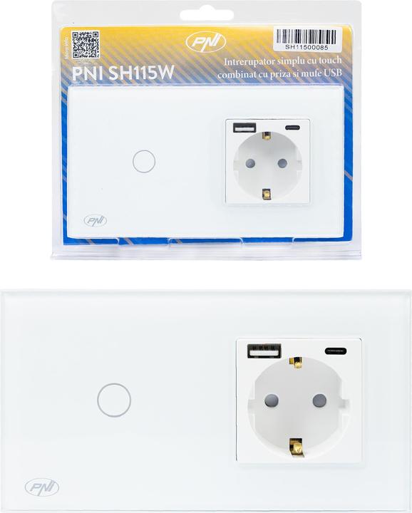 Produktbild PNI SH115W einfacher Glasschalter mit Touch, kombiniert mit Schuko-Steckdose und USB-Steckern