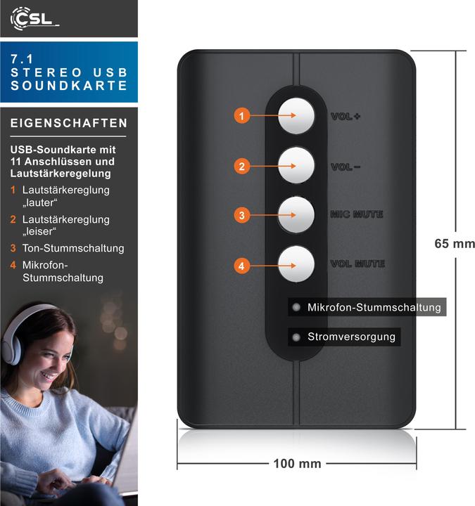 Actual product image CSL external USB sound card, 7.1 surround sound, stereo audio adapter, for PC - Win 10, 11 (USB)