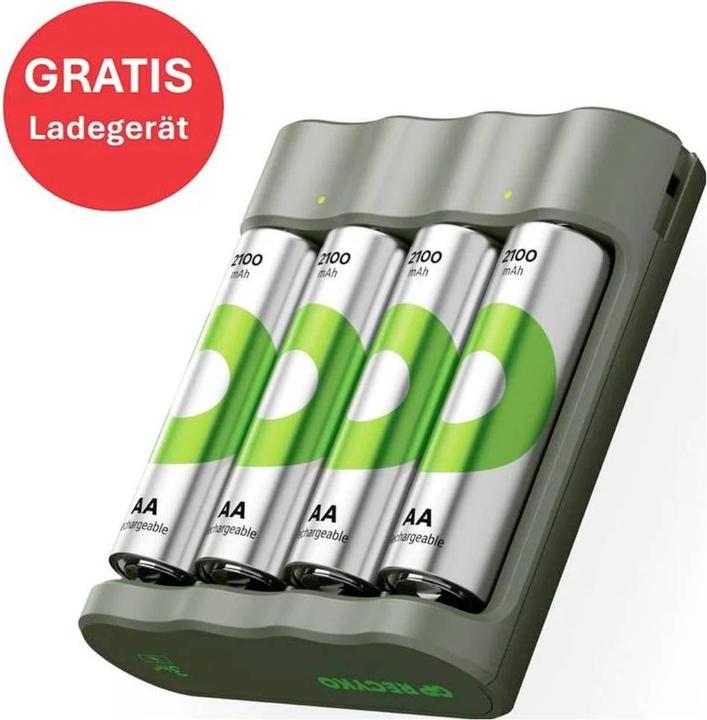Image du produit GP Batteries En solde Chargeur gratuit" Modèle USB Chargeur GP B441 incl. 4x AA- (4 pcs, AA, 2100 mAh, Piles rechargeables + chargeur)