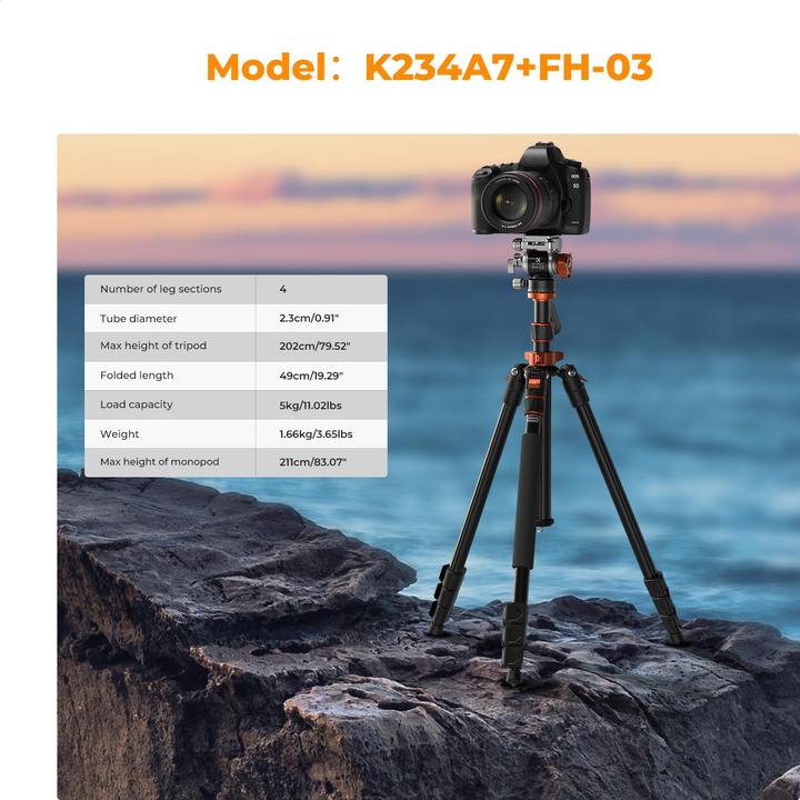 Actual product image K&F Concept K234A7+FH-03 Magnesium Aluminum Alloy Tripod (Metal)