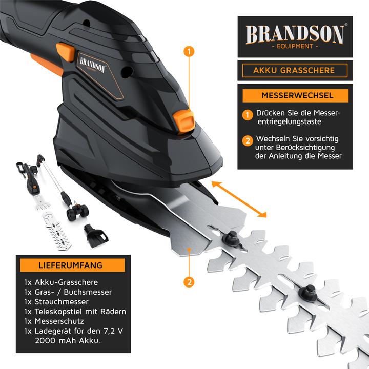 Produktbild Brandson Akku Grasschere, elektrische Garten Strauchschere, Teleskopstange 90-130 cm mit Rädern, Rasenschere (Akkuheckenschere)