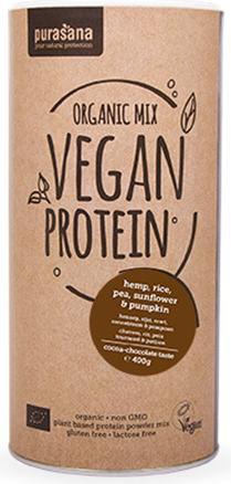 Immagine prodotto Purasana Mix di proteine vegane - Canapa, piselli, riso, girasole e zucca (barattolo da 400 g) (Cioccolato al cacao, 1 pz., 400 g)