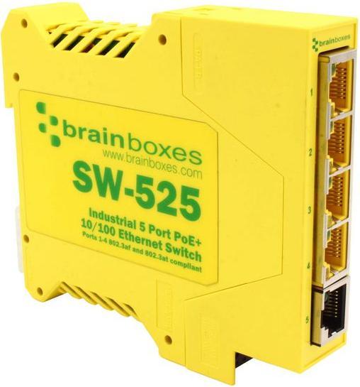 Actual product image Brainboxes Industrial 5 Port PoE+ 10/100 Ethernet Switch - 0.1 Gbps - 5-Port (5 Ports)