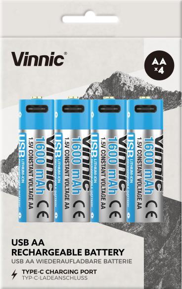 Actual product image Vinnic Rechargeable Battery AA USB-C 1600mAh 4pcs incl. Case&Charging Cable (4 pcs., AA, 1600 mAh)