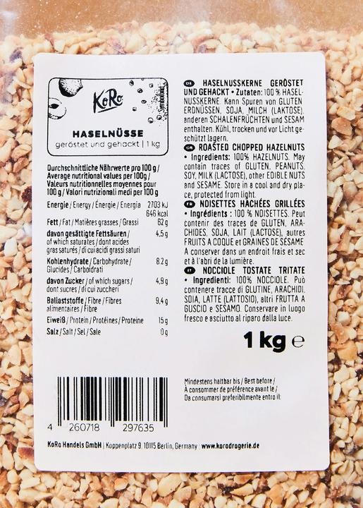 Nährwerte und Zutaten KoRo Haselnusskerne geröstet und gehackt (1000 g)