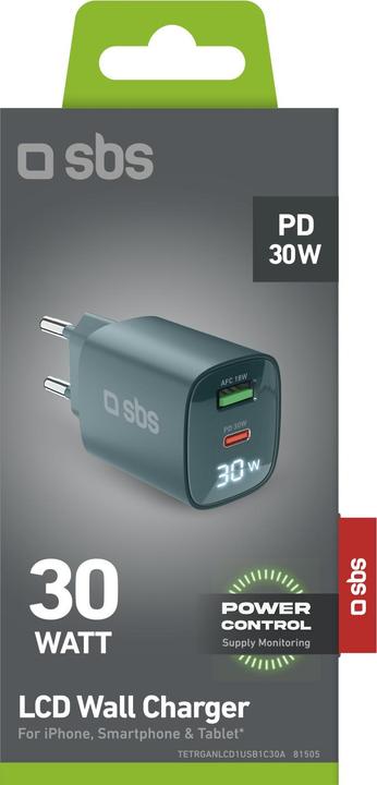 Actual product image SBS Wall charger with LCD screen, 1 USB-C PD 30W output, 1 USB-A 18W output (30 W)