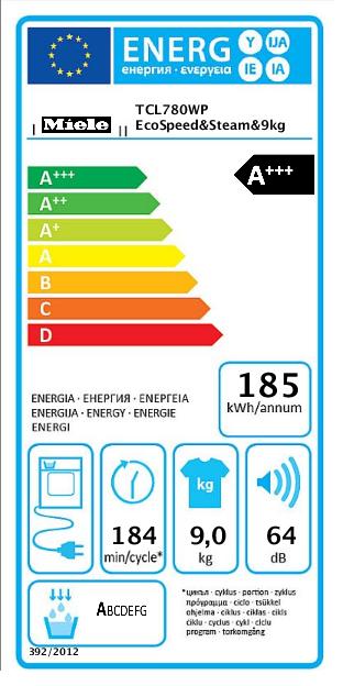 Label énergétique Miele TCL780WP (9 kg, Gauche)