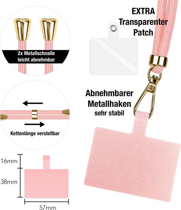 Produktbild Nalia Handyband + Pad für Hülle zum Umhängen, Karabinerhaken Anhänger aus Metall (gold)