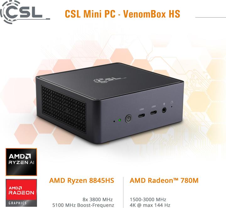 Produktbild CSL Mini-PC VenomBox 8845HS (AMD Ryzen 7 8845HS, 96 GB, 4000 GB, Radeon 780M)
