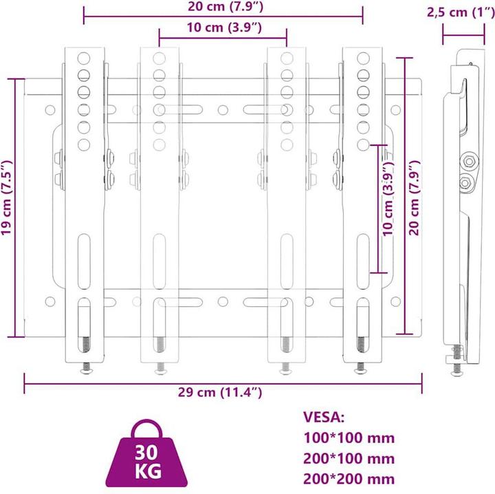 Image du produit VidaXL Support TV mural 14-42 pouces Ecrans Max VESA 200x200mm 30kg (Plafond, 42", 30 kg)
