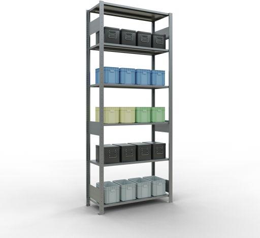 Sistema di scaffalature di base senza viti MULTIplus150 con ripiani di lunghezza
