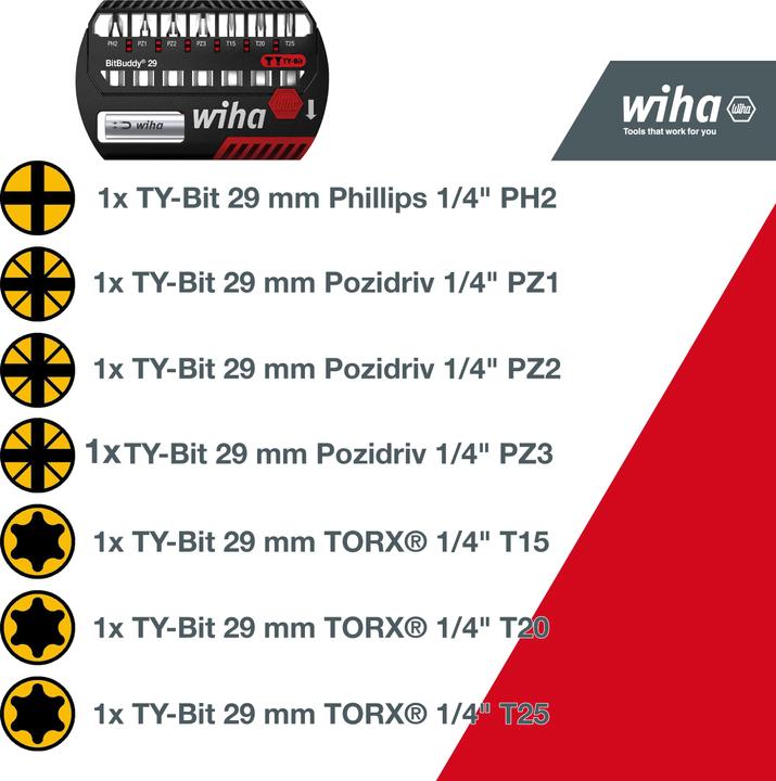 Produktbild Wiha Bit Set BitBuddy 8tlg TY-Bit 29 mm 1/4" C6,3 PH,PZ,TORX Schraubanwendungen Impact- Schlagschrauber (Innensechsrund TX M20, Innensechsrund TX M15, Innensechsrund TX M25)