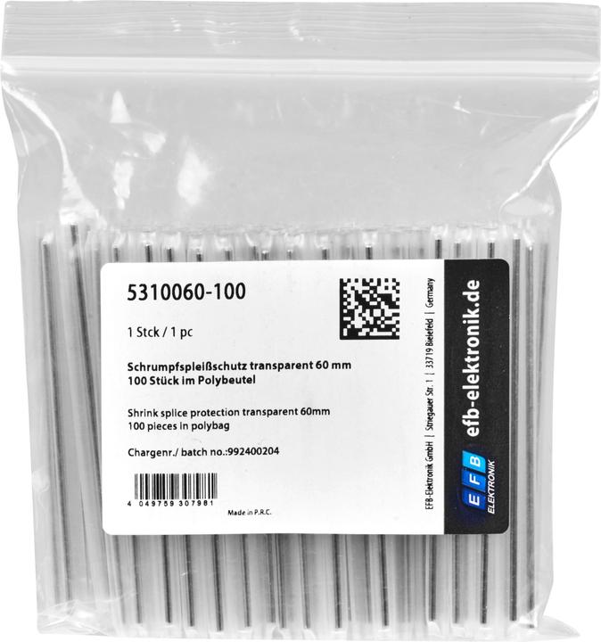 Produktbild EFB Elektronik Schrumpfspleissschutz transparent 60 mm 100 Stück im Polybeutel Hersteller: (Kabeldurchlass, 6 cm)