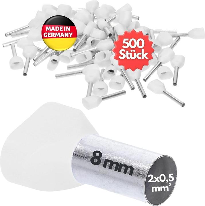 Produktbild Kalitec 500 Stück AET0508WS Zwillingsaderendhülsen isoliert 2x0,5mm² 8mm lang weiss I Made in Germany