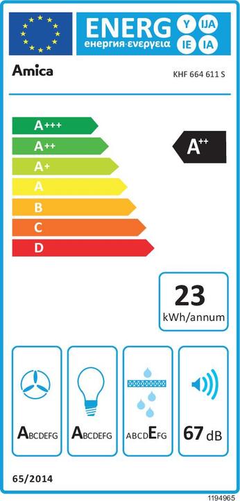 Energie-Label Amica KHF 664 611 S sw Wandesse Stripe A++ 60cm 3Stufen 1 Alu-Fettfilter (Wandhaube)