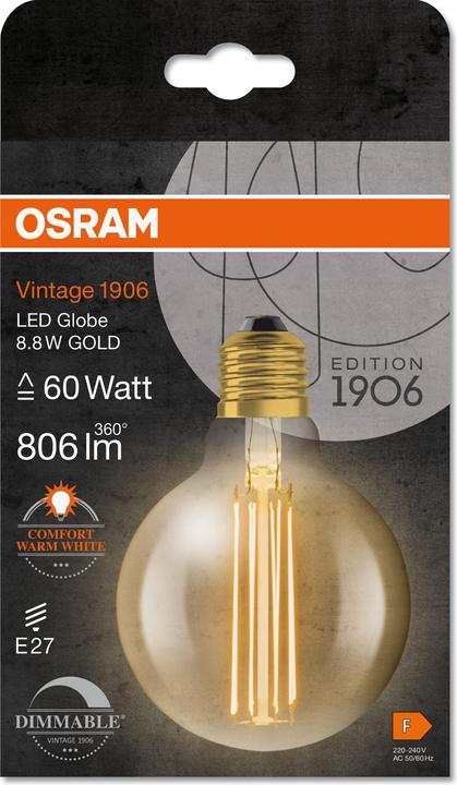 Produktbild Osram Vintage 1906 Led Classic Slim Filament Globe (E27, 8.80 W, 806 lm, 1 x, F)