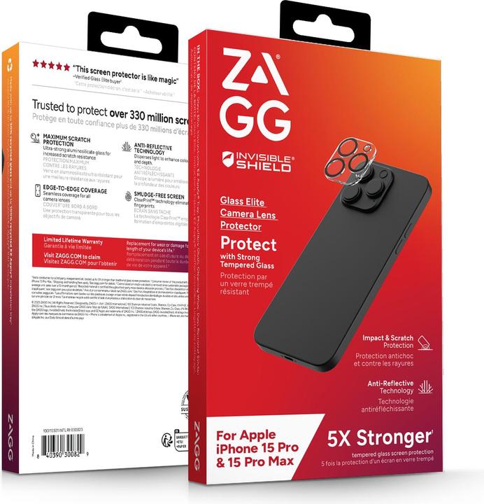 Zagg InvisibleShield iPhone 15 Pro / Pro Max Lens Camera Protection Glass Elite (1 pièce(s), Apple iPhone 15 Pro)