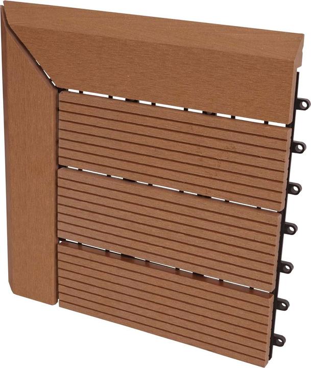 Produktbild Swisshandel24 WPC Eck-Bodenfliese Rhone + Abschluss, Holzoptik Terrasse, 30x30cm Premium Ecke rechts, teak linea (1 x, 30 x 30 cm)