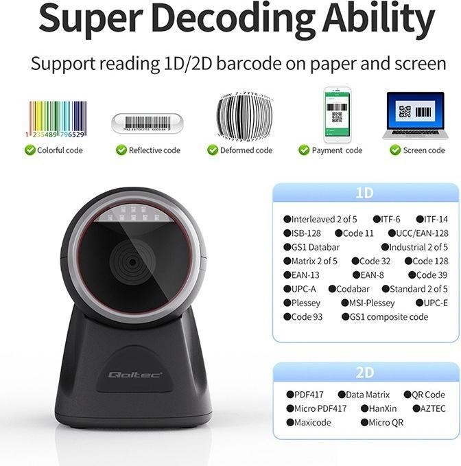 Produktbild Qoltec Desktop-Präzisionsleser 1D-Barcode- und QR-Scanner | 2D