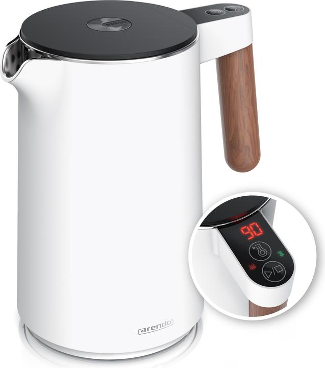 Arendo Wasserkocher 1,5 L Edelstahl, Warmhaltefunktion, Temperatureinstellung, Griff in Holzoptik, 2200 W (1.50 l)