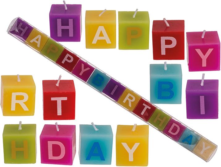 Actual product image Magni Out of the Blue 181003 - Coloured candle blocks with lettering, Happy Birthday lettering, each cube (13 x)