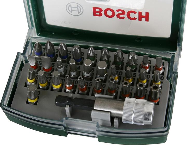 Produktbild Bosch Zubehör Schrauberbit-Set mit Farbcodierung, 32-teilig (Innensechsrund TX M10, Innensechsrund TX M15, Innensechsrund TX M20, Innensechsrund TX M30, Kreuz Pozidriv PZ M1, Innensechsrund TX mit Loch M20, Kreuz Phillips PH M1, Kreuz Phillips PH M2, Innensechsrund TX M25, Innensechsrund TX M27, Innensechsrund TX M40, Sechskant (hexagonal) M4)