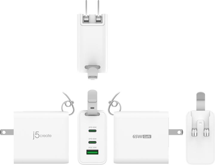 Actual product image j5Create 65W GaN USB-C 3-Port Traveler Charger with changeable AC plugs and USB-C cable, Indoor, AC (65 W)