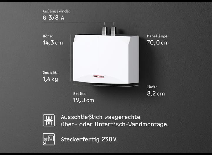 Produktbild Stiebel Eltron DNM 3 Mini Durchlauferhitzer nur fürs Handwaschbecken, 3,5 kW, mit Stecker, drucklos, VDE