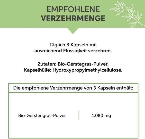 Valori nutrizionali e ingredienti Eltabia Capsule di erba d'orzo biologica 200 (200 Pezzo/i, Pillole)