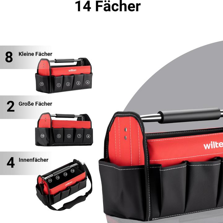 Produktbild Wiltec Werkzeugtasche 41x19x25,5cm Arbeitstasche 14 Fächer Werkzeug Tasche Gurt