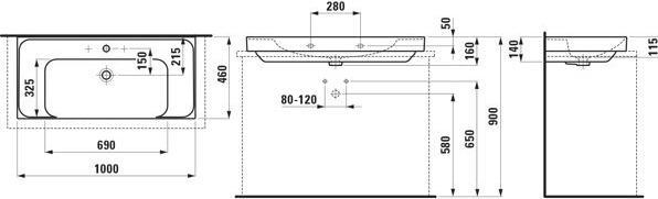 Produktbild Laufen Meda Aufsatzwaschtisch, geschliffen, Ablage beidseitig, 1000x460mm, 2 Hahnlöcher, mit Überl (1070 mm, 205 mm)
