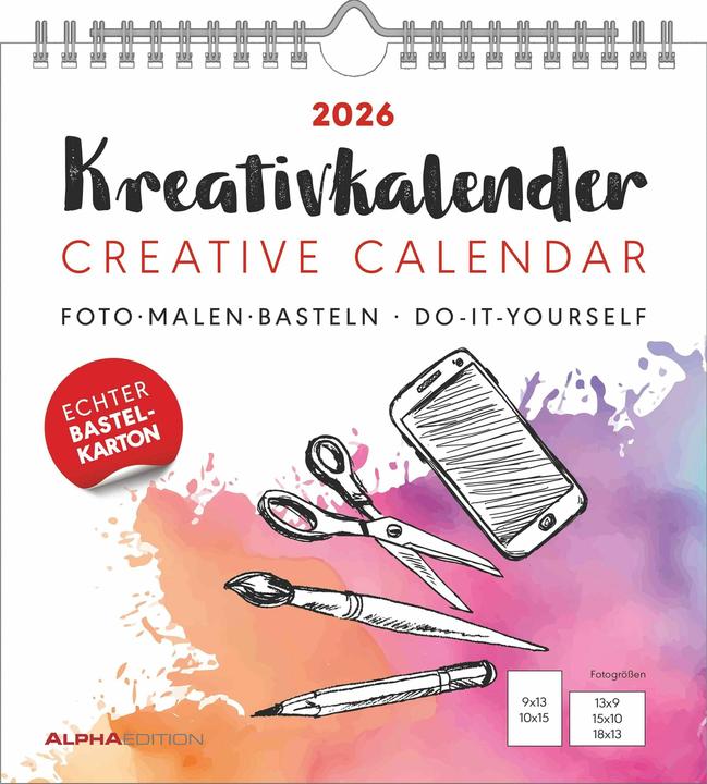 Actual product image Alpha Edition Kreativ-Kalender weiss 2026 - 21x22 cm - Foto, Malen, Basteln - datiert - Kreativkalender - (21 x 22 cm, Italian, English, French, German)