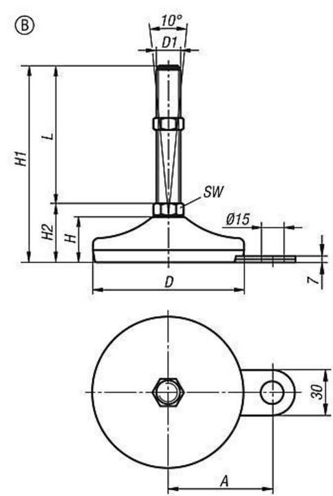 Productafbeelding Kipp Stelvoet, vorm B M20x150, D=100, roestvrij staal, comp rubber