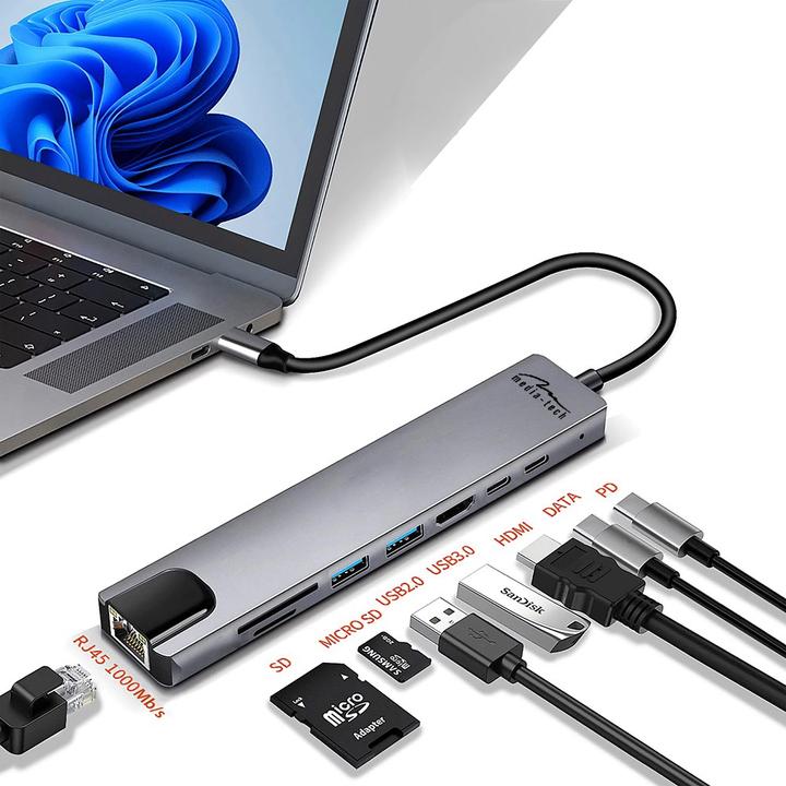 Productafbeelding Media-Tech USB HUB 8 IN 1 GIGA LAN HUB MT5046 (USB-C)