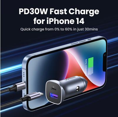 Image du produit Ugreen CD130 Car Charger, USB-A+PD 3.0, USB-C, QC3.0 30W (Grey)