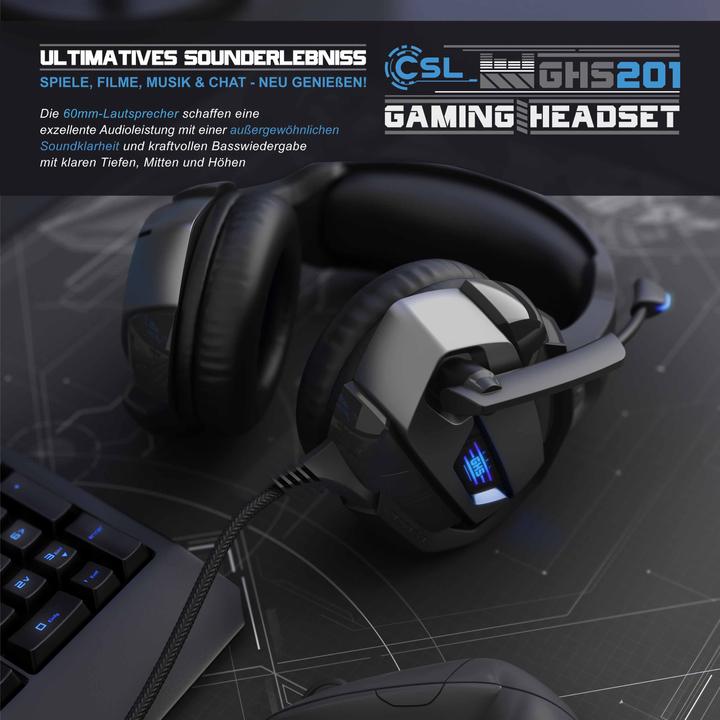 Produktbild CSL Gaming Headset, USB, Mikrofon, LED Beleuchtung, Kopfhörer für Windows, Mac, PS3, PS4, PS4 Pro, PS5 (Kabelgebunden)